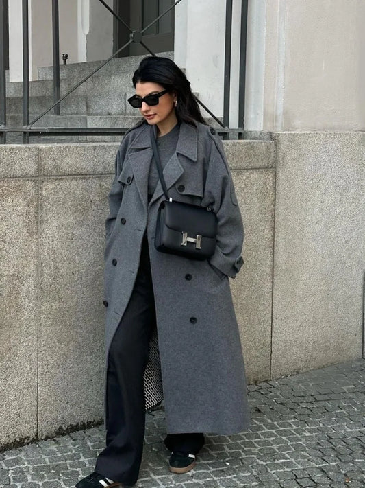 Manteau Long Femme Hiver à Double Boutonnage Élégant