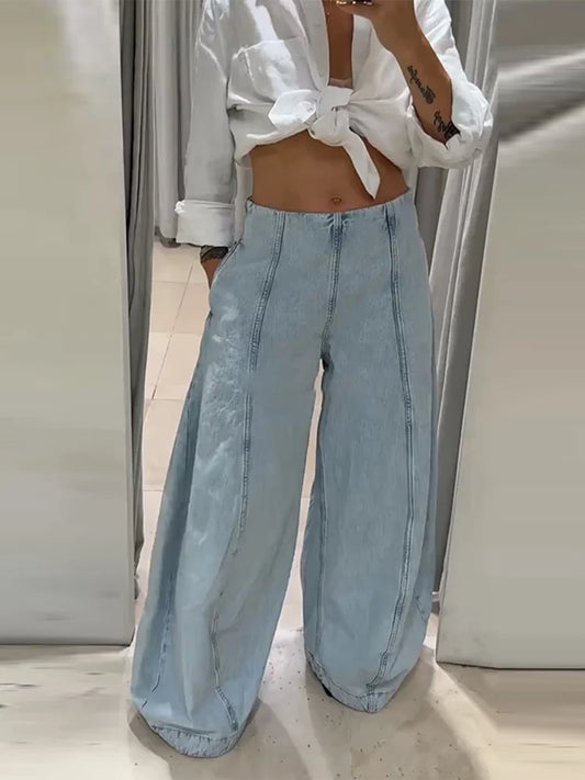 Pantalon Femme Baggy Taille Haute en Denim