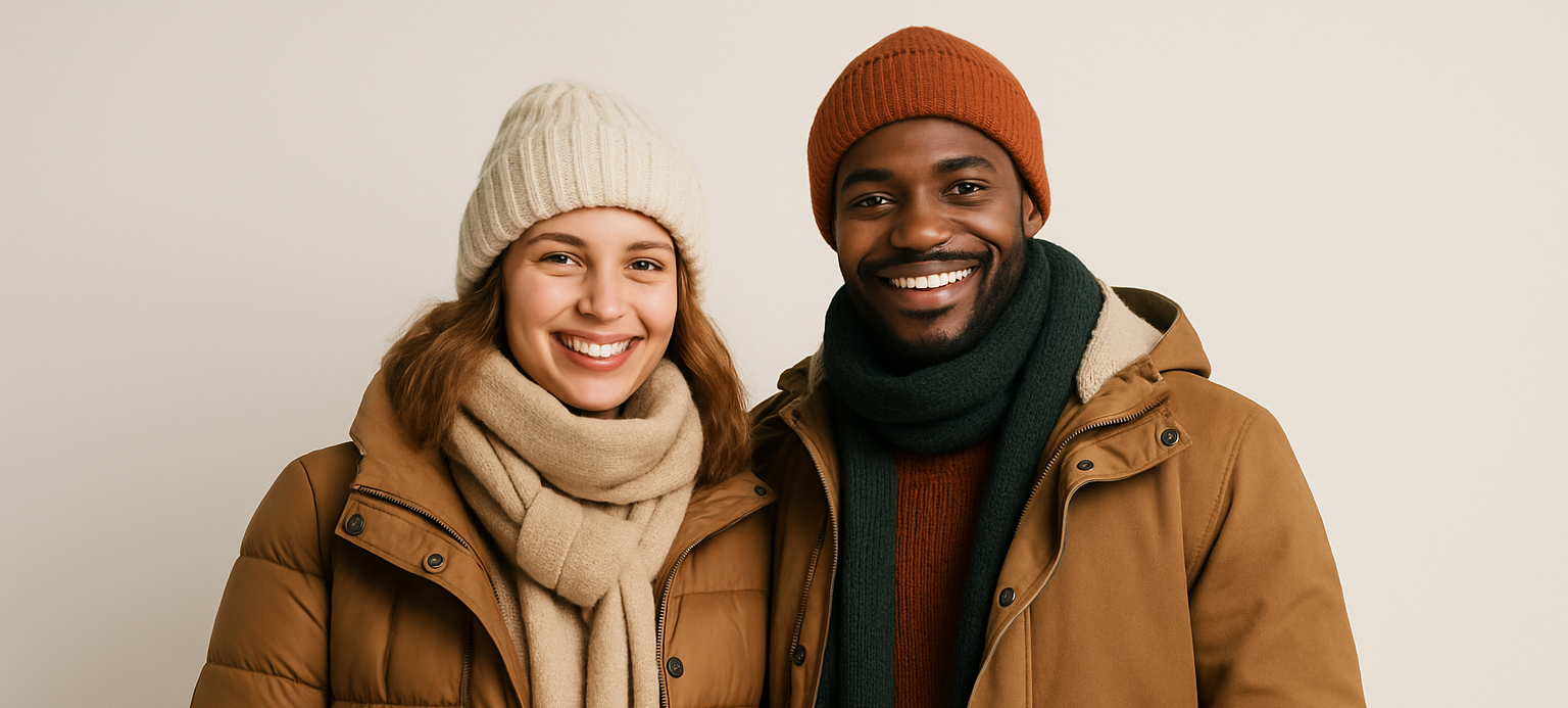 Two people that are wearing some winter clothing for our frontpage