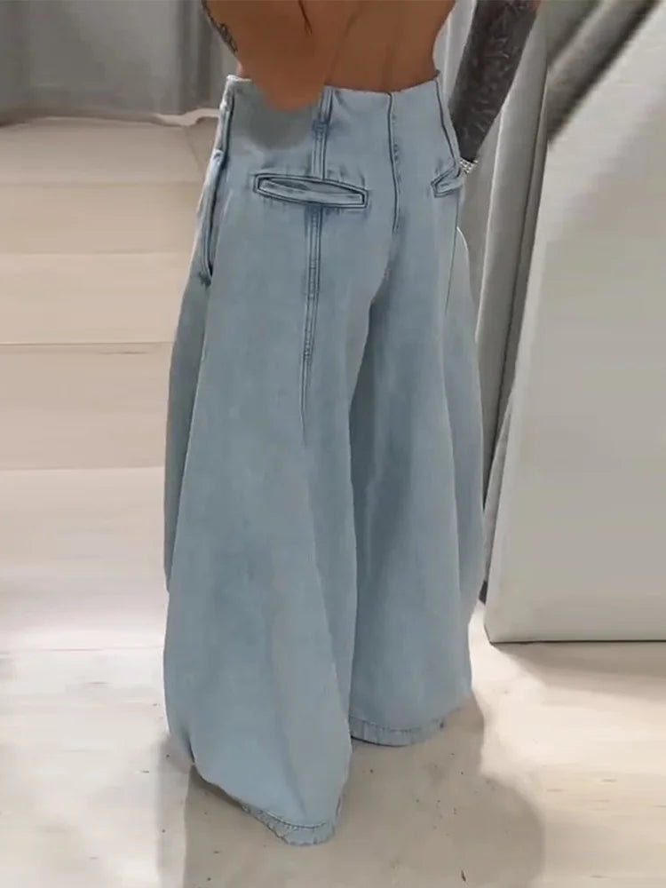 Pantalon Femme Baggy Taille Haute en Denim